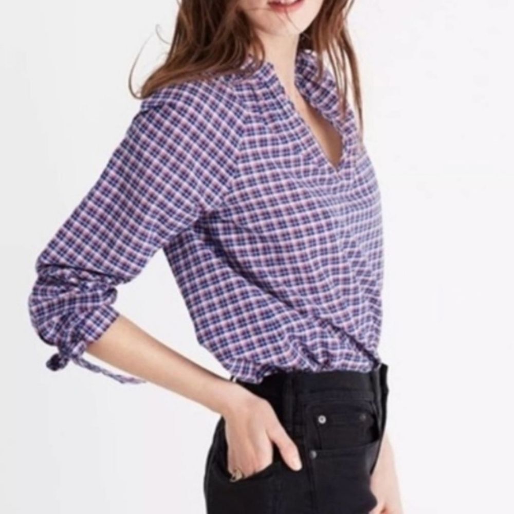 Madewell Multicolored Plaid Blouse with Tie Sleeves and Mandarin Collar
